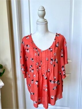 Anthropologie Mauve Women’s Coral Pink Floral Pintuck Flutter-Sleeve Blouse